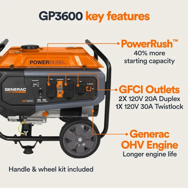 Generac 7678 GP3600 3,600-Watt Gas-Powered Portable Generator - Powerrush Advanced Technology - Durable Design and Reliable