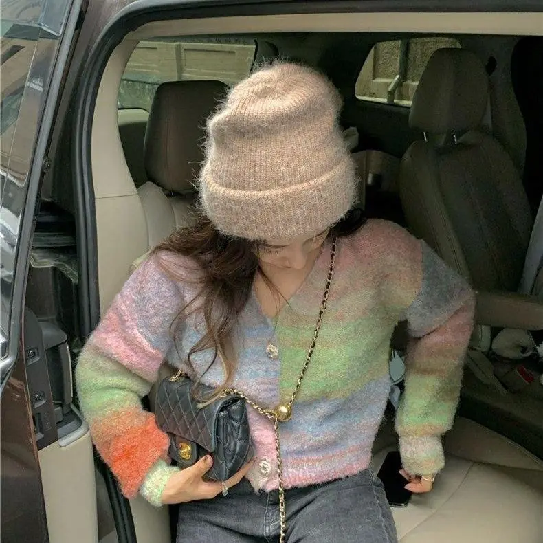 Korejpaa Tie Dye Gradient Striped Knitted Sweater Cardigans Streetwear Women V Neck Long Sleeve Top Jacket 2024 Autumn Clothes