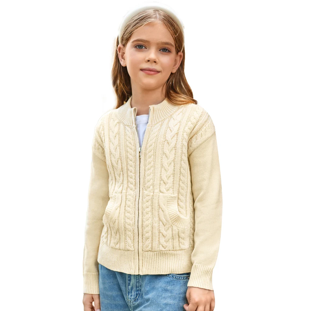 GK Kids Children Cable Knitted Cardigan Little Girls Long Sleeve Crew Neck Zip-up Cardigan Sweater Medium Stretchy