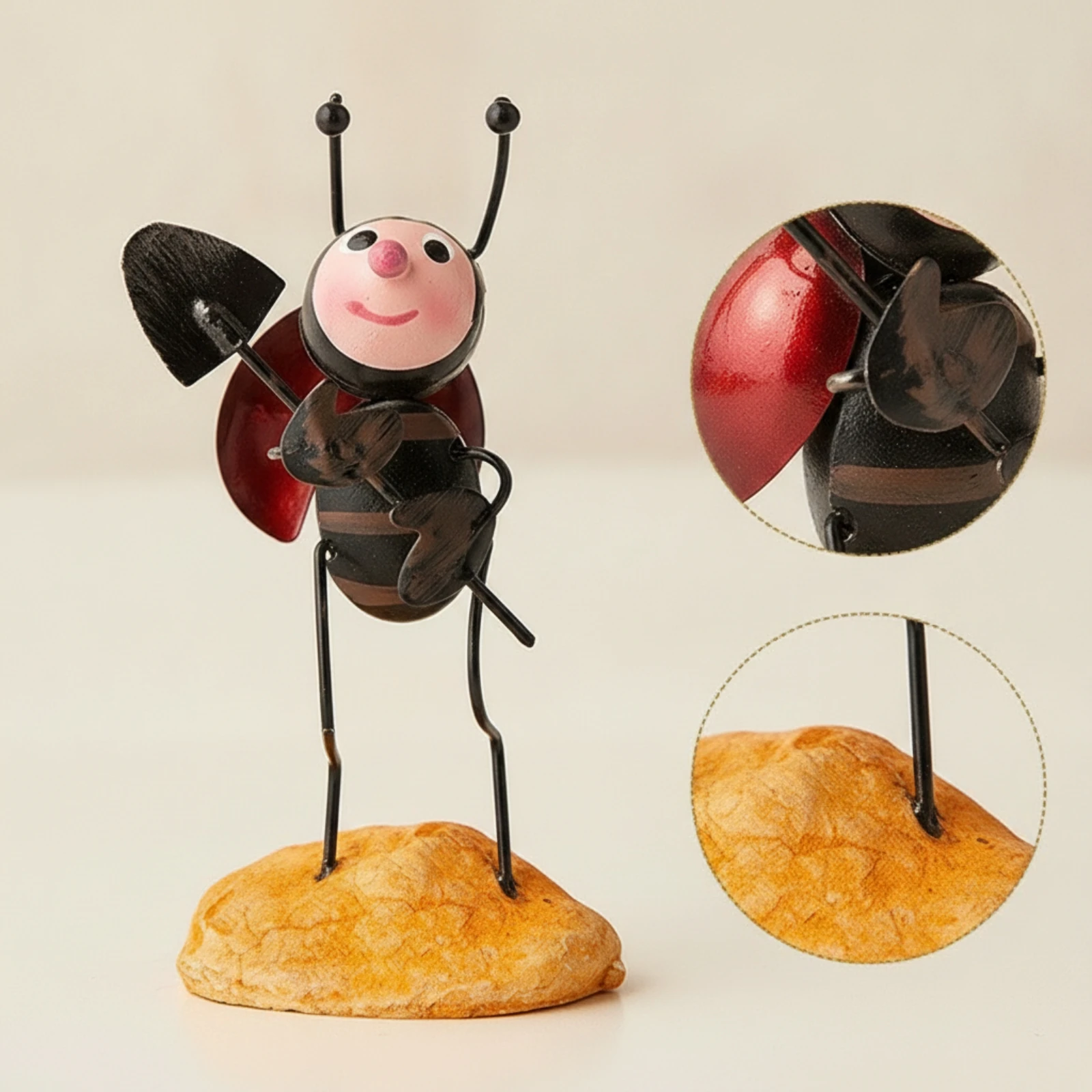 Beetle Figurine Hand-Painted Beetle Ornament Iron Figurine with Stone Base Metal Compact for Collectors, Desk, Bookshelf