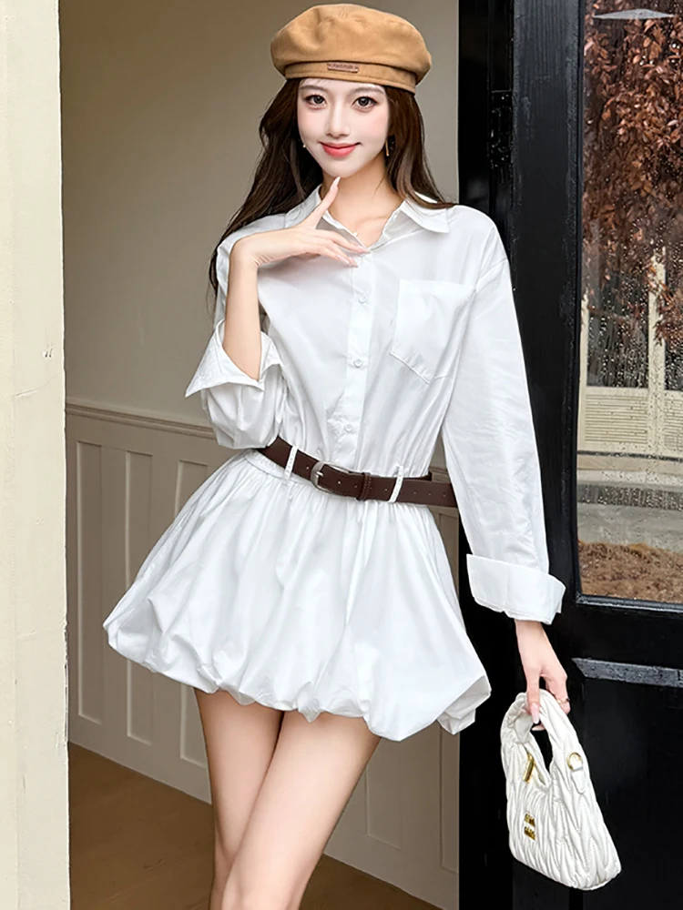 

Women Korean Fashion Elegant Casual Dress Autumn White Long Sleeve Polo Collar Bandage Dress 2025 Bodycon Chic Festival Dresses