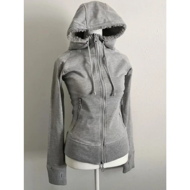 Y2k Retro Wool Zipper Hoodie with Front and Back Zip Solid Color Cotton Cardigan Stylish Women Fitted Sports Jacket Lined Hoodie