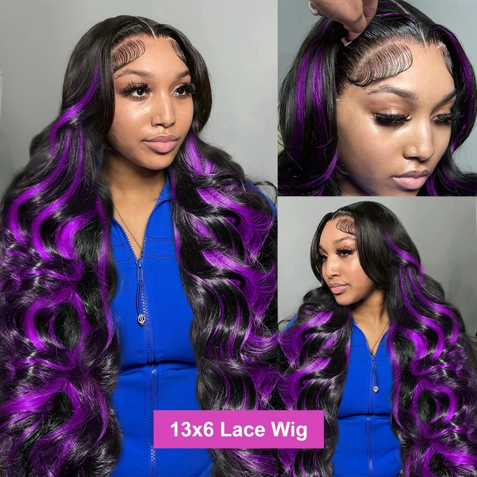 30 32 Inch Dark Purple Highlight Body Wave 13x6 HD Transparent Lace Front Human Hair Wigs Ombre Purple 13x4 Lace Front Wigs 250%