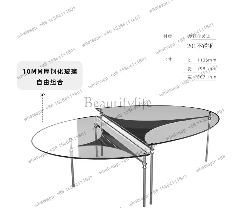 Coffee Table Combination Tempered Glass Living Room Oval Coffee Table Stainless Steel Household Coffee Table