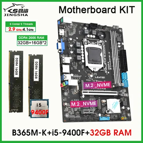 Juego completo de placa base B365 LGA1151 con CPU i5 9400F 2*16G = 32GB DDR4 2666MHZ RAM placa mae kit gamer SATA USB 3,0