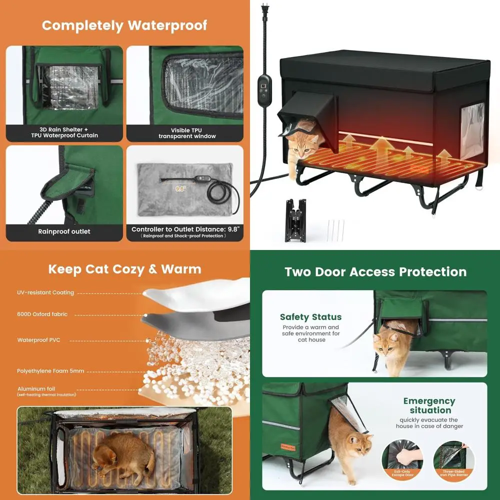 

XL Collapsible Heated Cat House - Metal Frame, Waterproof Outdoor Shelter with Heating Pad, Escape Door, Adjustable Heat & Timer