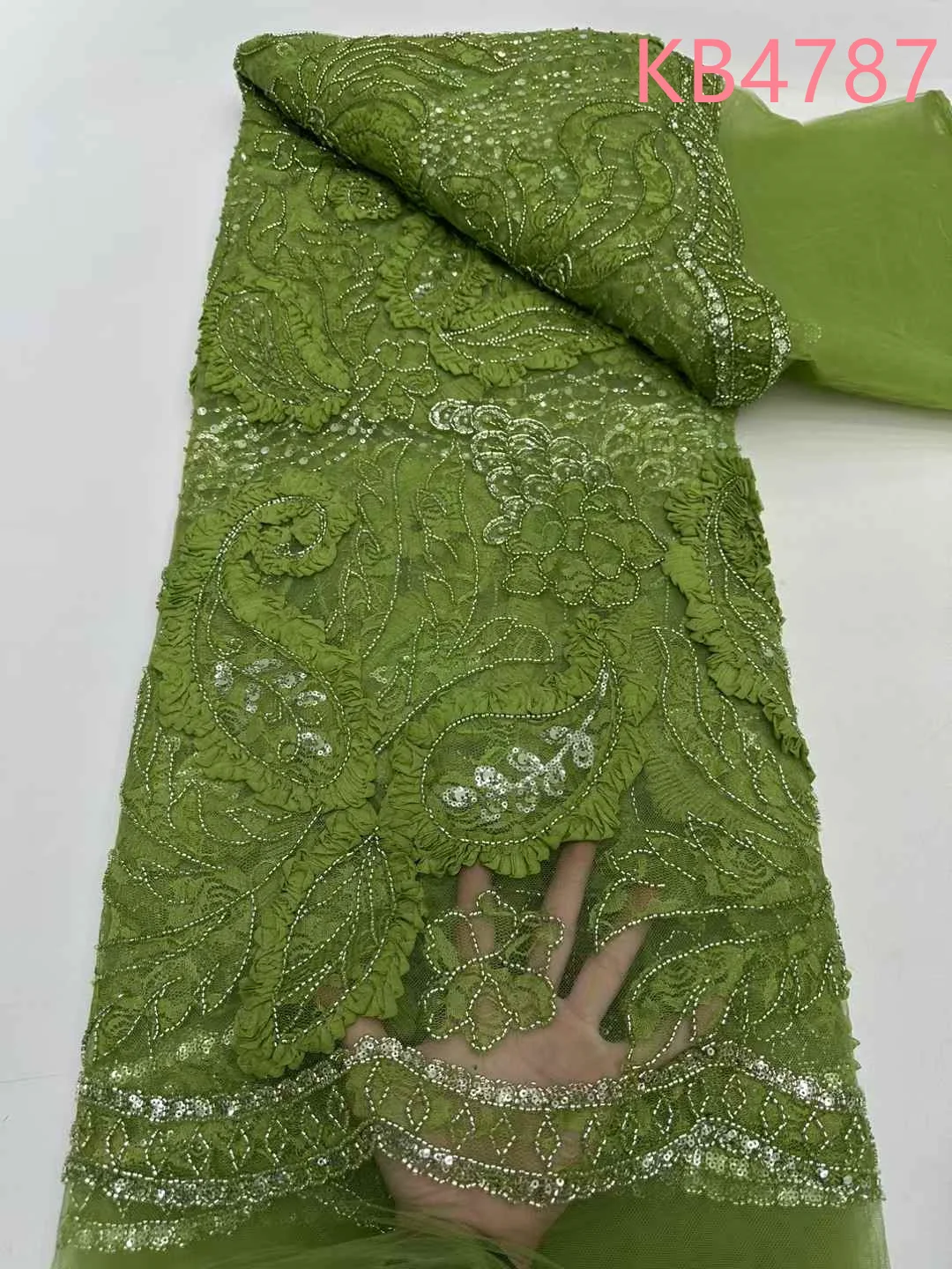 

Oliver Green Beads Lace Fabrics Embroidered Dubai 2025 Burnt Orange Beaded Lace Fabric With Sequence For Wedding Dress KB4736