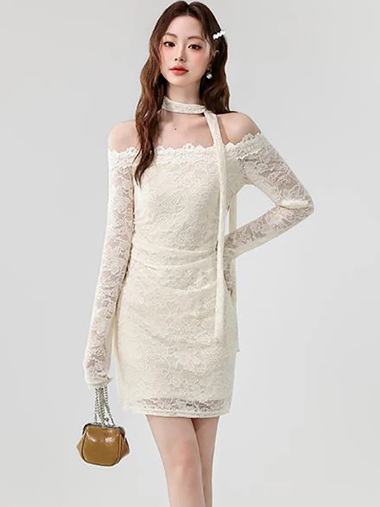 여성 한국 패션 우아한 캐주얼 드레스 가을 화이트 레이스 자카드 가슴 랩 섹시 드레스 2025 우아한 바디콘 숏 드레스