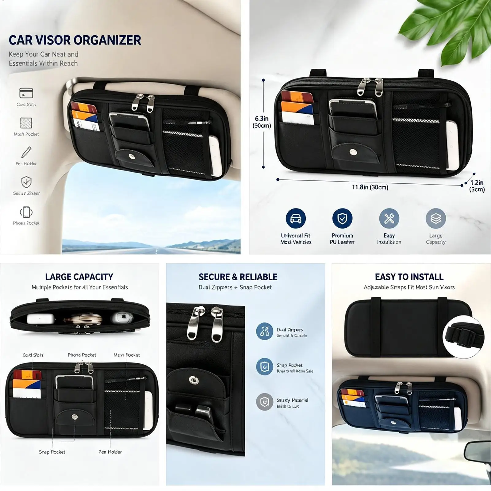 Truck Visor Organizer PU Leather Multi-Pocket Universal Zipper Bag Car Storage Organizers For Vehicle Interior Registration