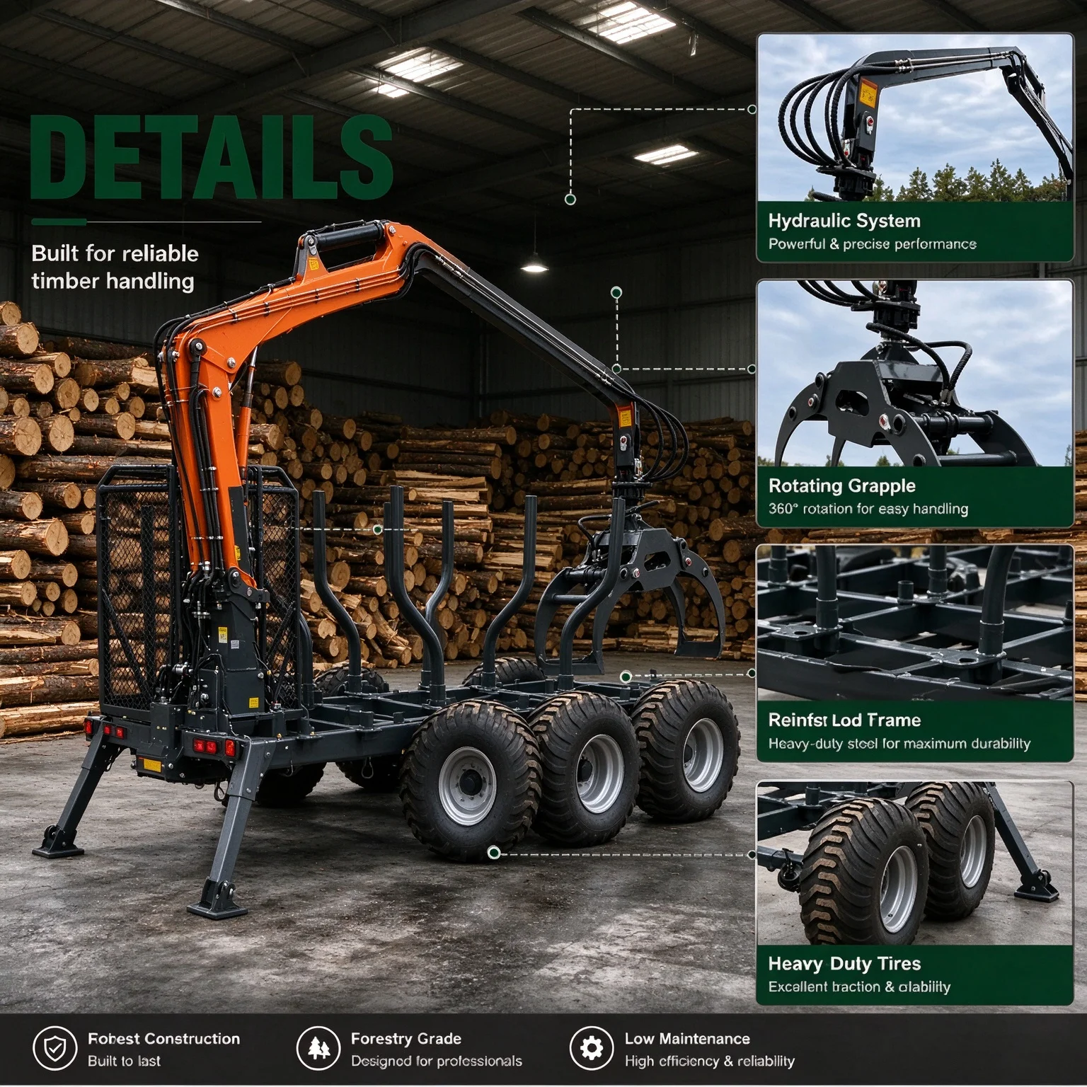 Forestry Machinery Log Trailer with Hydraulic Crane, Rotating Log Grapple