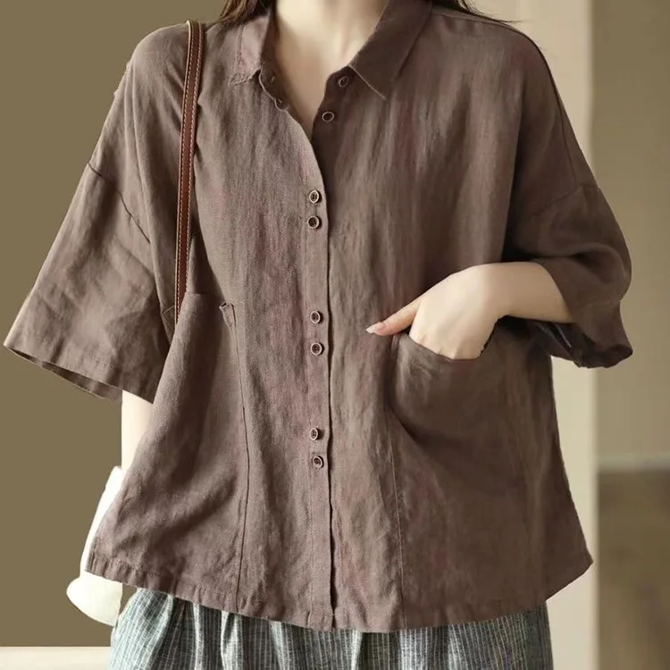 Simple Style Cotton Linen Short Sleeve Shirt Women Summer New Design Loose Casual Blouse Tops  Льняной Костюм Мужской CN-343