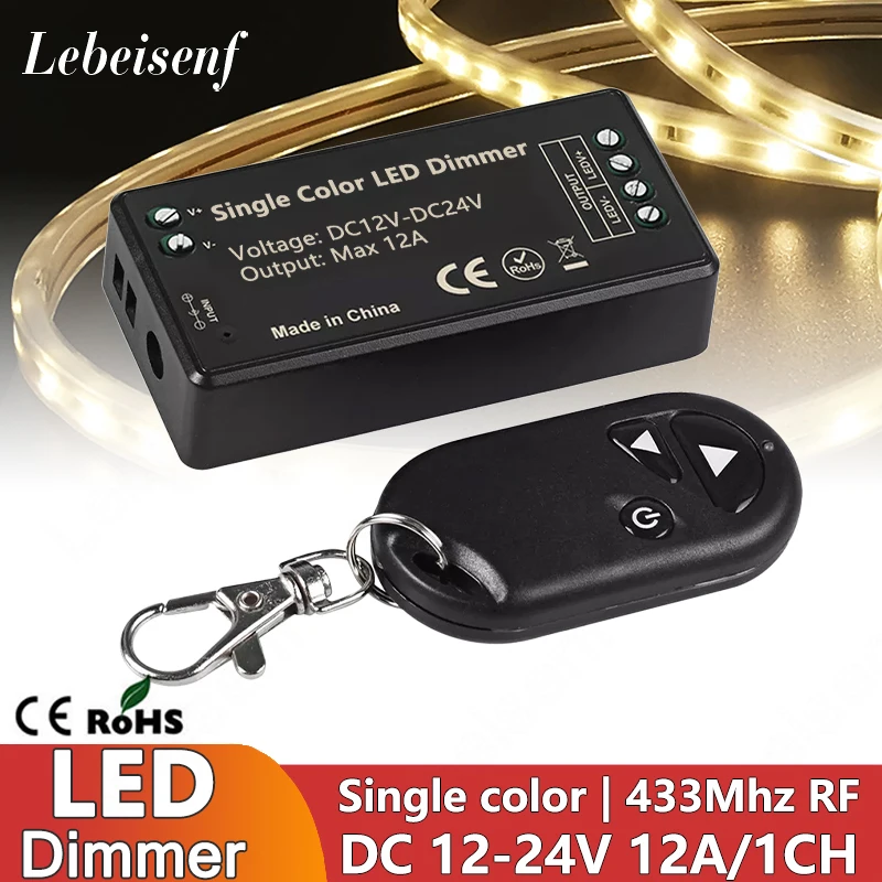 1CH LED Dimmer 12A DC12-24V Controller with 3-Key RF 433Mhz Wireless Remote Control for LED COB Single Color Light Strip Lamps