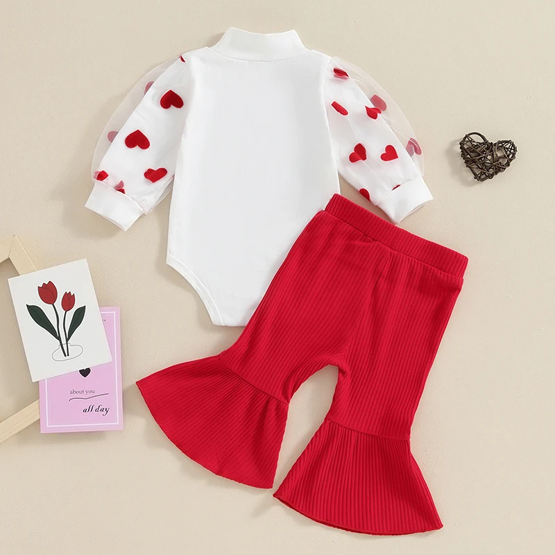 

Baby Girls Valentine s Day Outfits Letter Print Heart Mesh Long Sleeve Rompers Red Flare Pants 2Pcs Fall Clothes Set