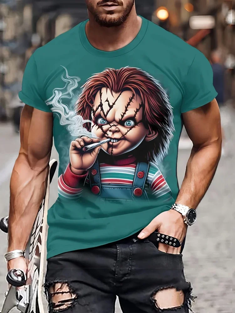 Trendy Men Horror Chucky Doll 3D Print T-Shirt Scary Movie Character Graphic Crew Neck Short Sleeve Halloween Casual Tee