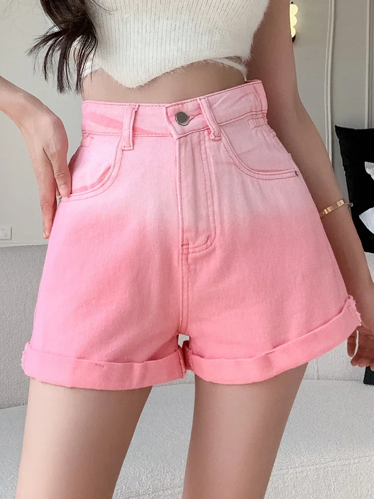 Pantaloncini di Jeans rosa viola sfumato ragazze estate nuovi pantaloncini di Jeans arrotolati a vita alta pantaloni corti caldi femminili Streetwear Fashion