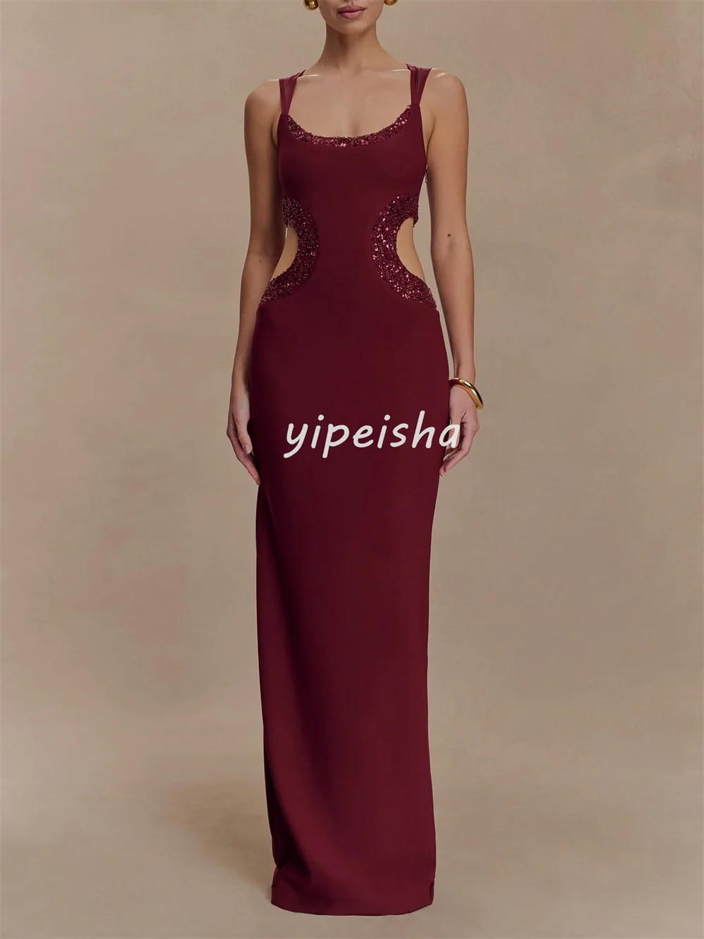 Op maat gemaakte bijpassende sexy jersey plooi kralen lovertjes rechte ronde hals lange jurken op maat gemaakte gelegenheidsjurken klassiek retro