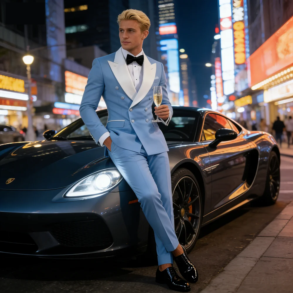 

Men's 2-Piece Casual Smalking Set with White Lapel Blazer And Black Pants Wedding Groomsmen Suit for Ceremony And Festa