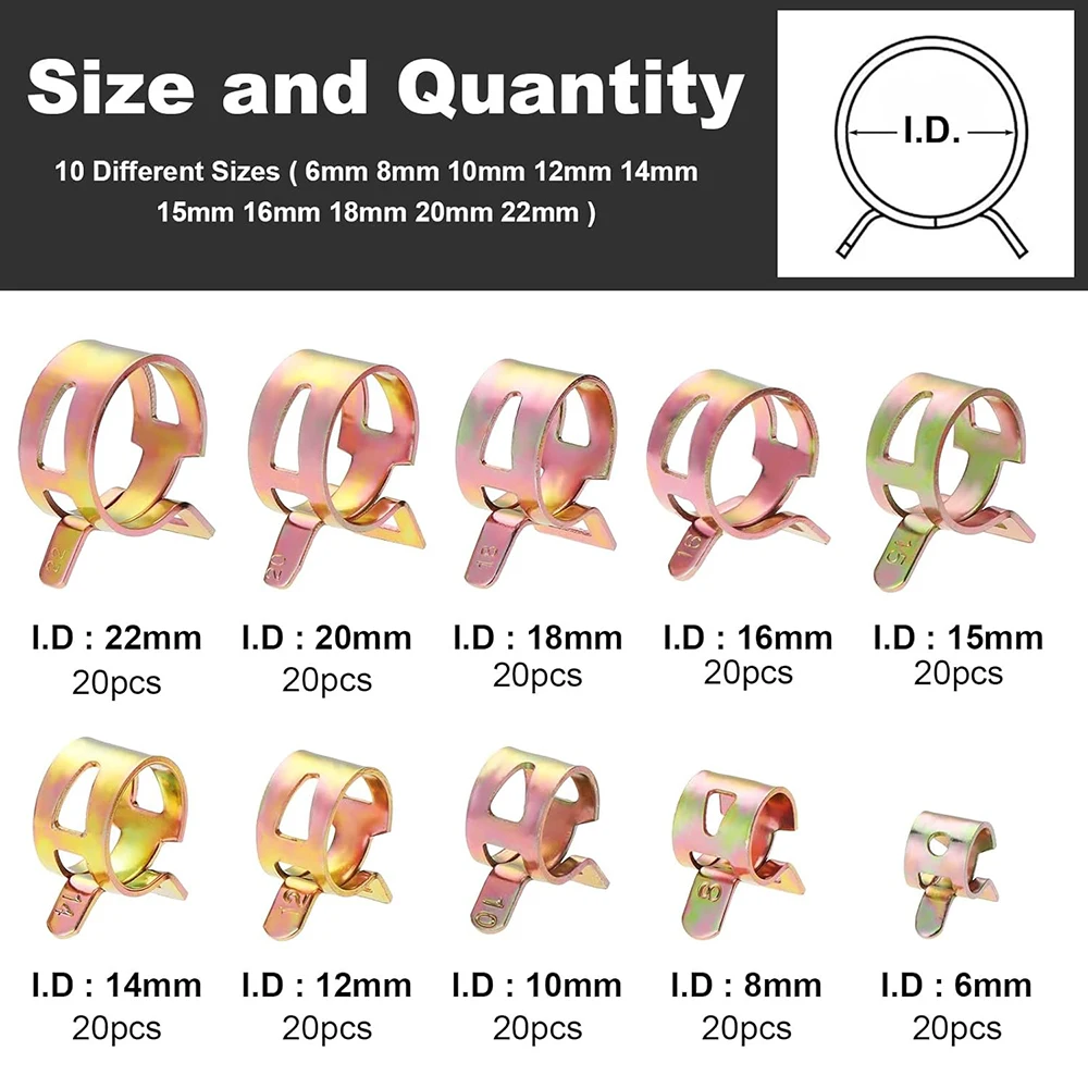 200Pcs 6-22mm Fuel Hose Line Spring Clip Clamps Fasteners Silicone Vacuum Hose Pipe Clamp Steel Wire Air Tube Water Pipe Clip