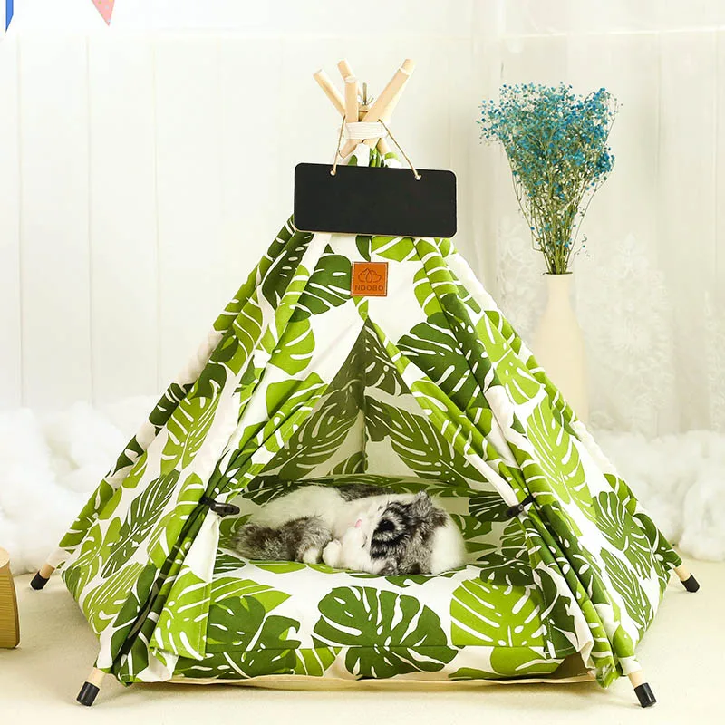 Dog Teepee, Cat Tent Teepee with Thick Cushion Blackboard, Washable Pet Tipi with Green Leaves Pattern Dog Bed Cat Tent House