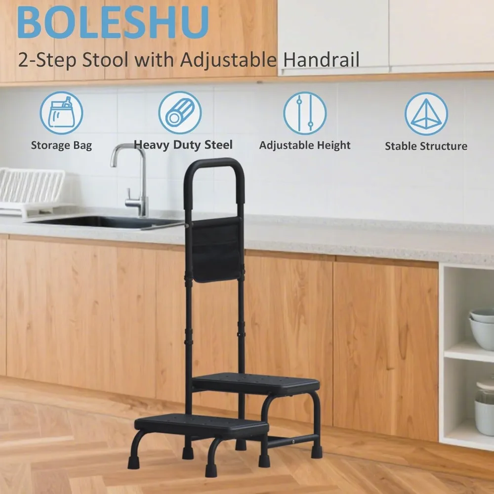 Adjustable Handrail Step Stool for Seniors, Portable Two-Step Footstool with Non-Slip Platform for Bed & Bathroom