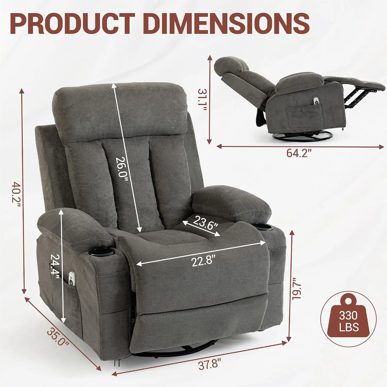 Nursery Glider Rocker Recliner, 360 Swivel Lounge Chair with Massage & Heat, 330lbs, Cup Holder & Pockets, Grey, Customized
