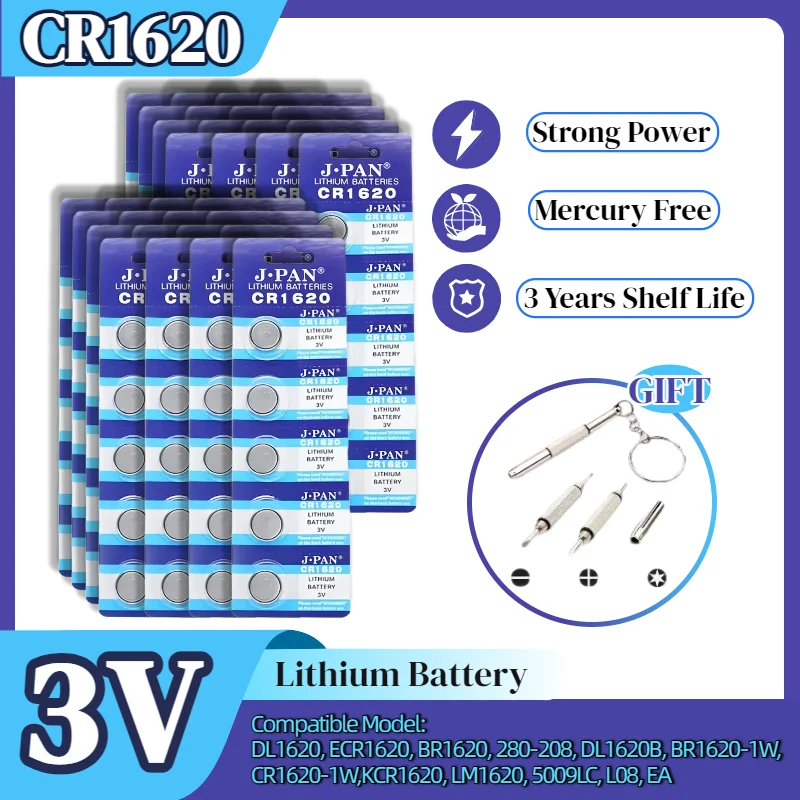 

CR1620 3V Lithium Battery CR1620 DL1620 BR1620 for Car Key Remote Control, Calculator, Watch, Scales, Toys, Glucose Meter