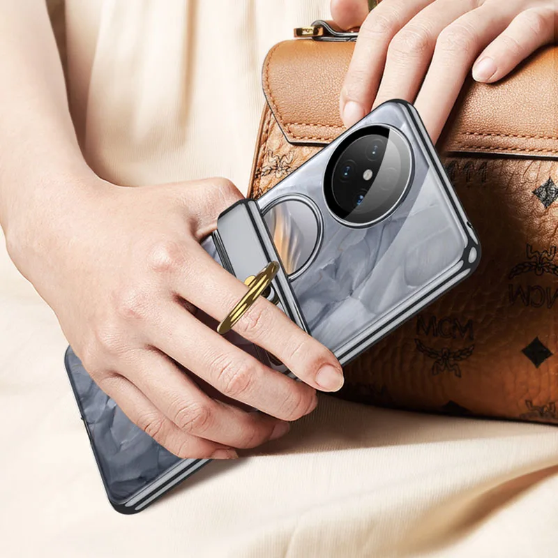 

Luxury Magnetic Hinge Plating Clear Case For Huawei Pocket 2 Pocket2 Back Lens Glass Protective All-included Ring Holder Cover