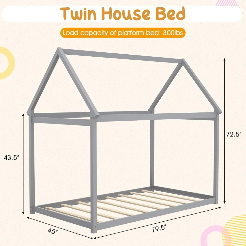 

Giantex Twin House Bed, Wood Montessori Bed Frame with House Roof Canopy, Low Floor Bed with Sturdy Wood Slat Support