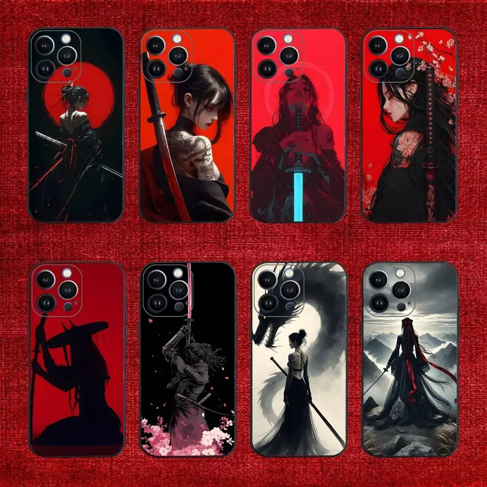 

Japanese female samurai Phone Case For iPhone 17,16,15,14,13,12,11,Pro,Max,Plus,E,SE4,Air,Mini Black Cover