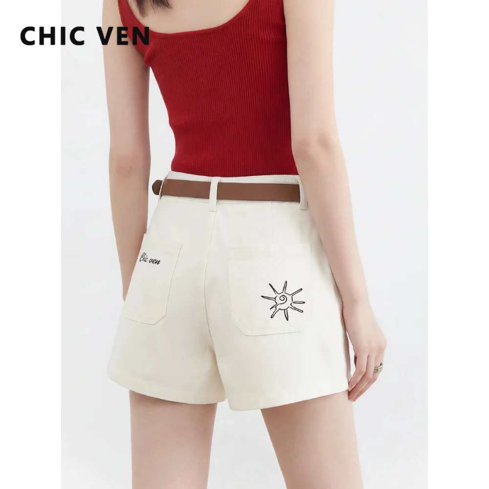 CHIC VEN Korean Women Shorts High Waisted Loose Straight Tube Embroidery Casual Short Denim Shorts Spring Summer 2026
