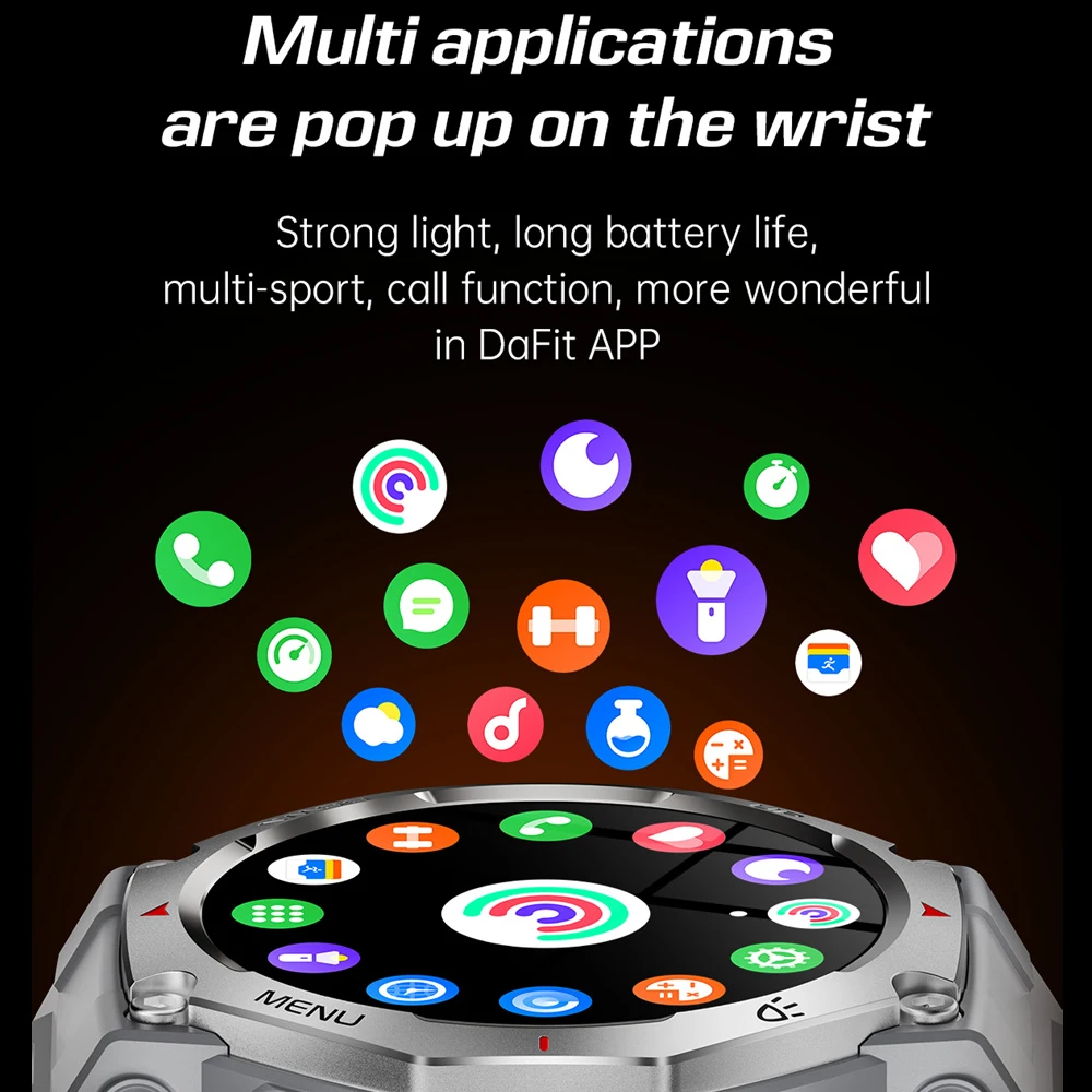 Smartwatch T-REX 3 z funkcją połączeń Bluetooth, GPS, dla mężczyzn, zegarek wojskowy outdoorowy, wodoodporność 10ATM, światła LED, monitorowanie stanu zdrowia.