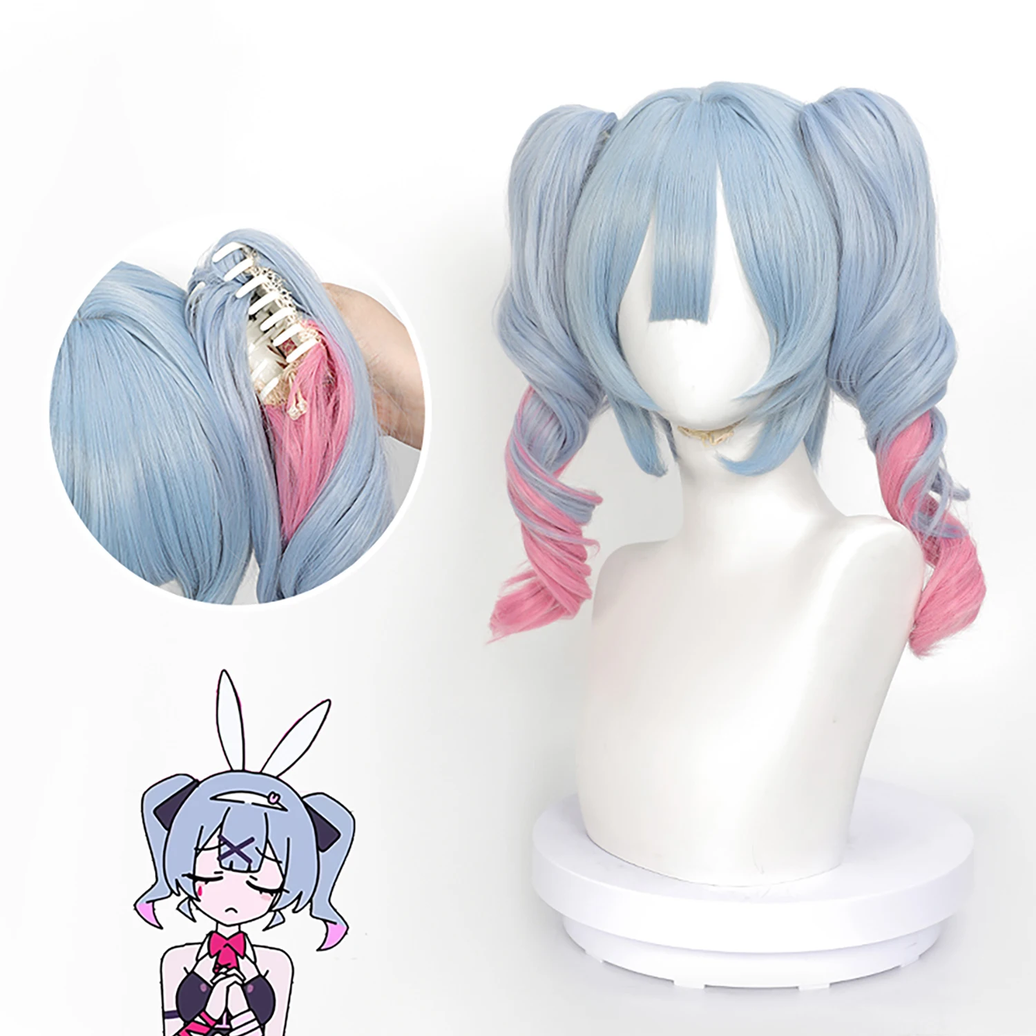Cosplay Wig Hatsune Miku Anime Wig Double Ponytail Long Lolita Wig Bule and Pink Game Role-Play Rabbit Hole Synthetic Wig Female