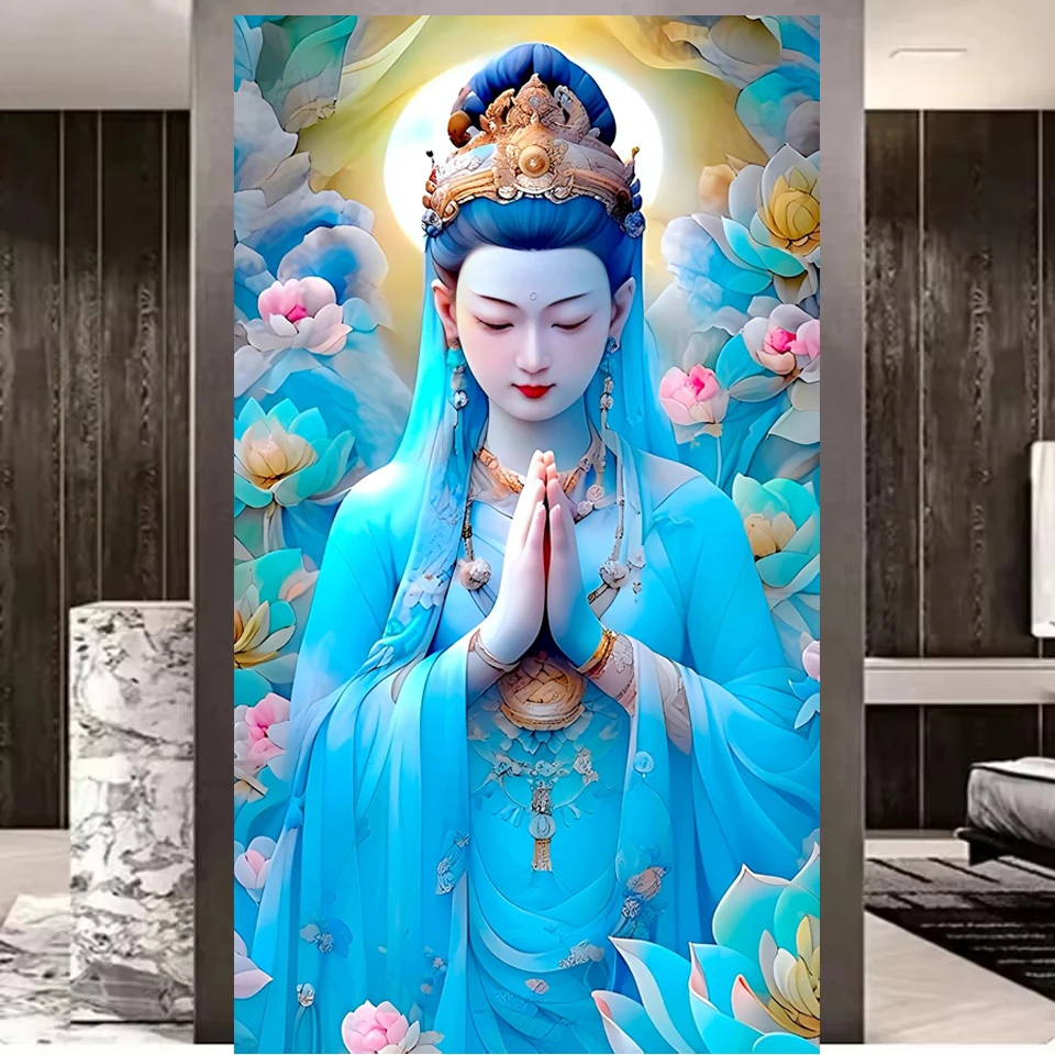 5D Diamond Painting Guanyin Kwan Yin Lotus Full Drill DIY Diamond Art Kits Buddhist Spiritual Mosaic Embroidery Home Decor Gift