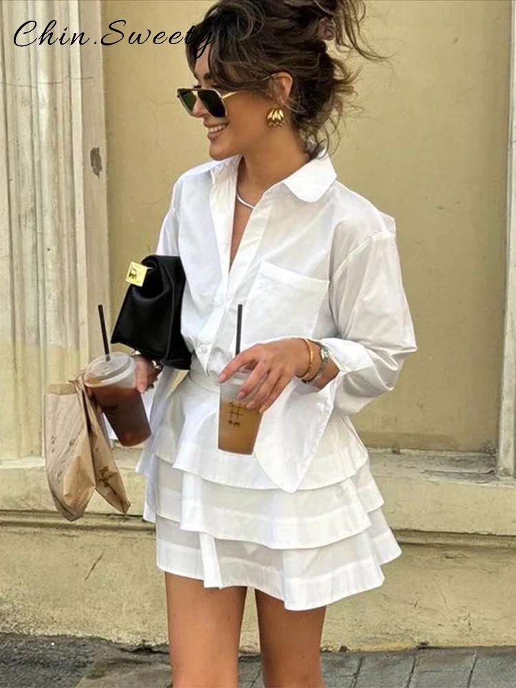 

Casual Shirts Tiered Skirts Sets Women Lapel Full Sleeve Single Breasted Top Mini A-line Skirt 2025 Summer Lady Fashion Outfits