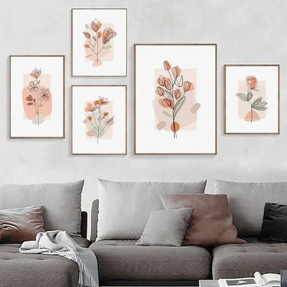 Hand Drawn Pink Flower Line Art Portrait Wall Art Minimalist Print Canvas Painting for Living Room Modern Posters Home Decor
