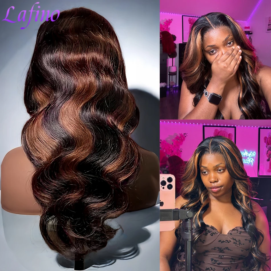 Highlight Body Wave 13x6 HD Omber Lace Front Human Hair Pre Plucked Wig 1B/30 Black Brown Colored 13x4 Lace Frontal Wigs 100%
