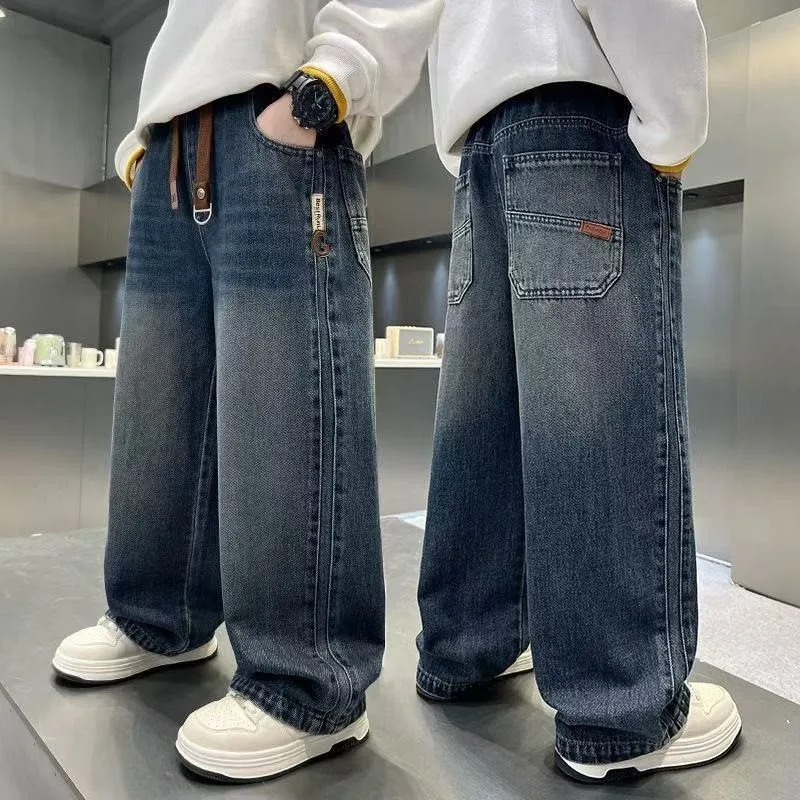Frühling Herbst Teenager-Jungen-Jeans, Modische Lose Gerade Denim-Hosen für 4-14 Jahre alte Kinder, Lässige Kleidung, Kinder-Outdoor-Hosen