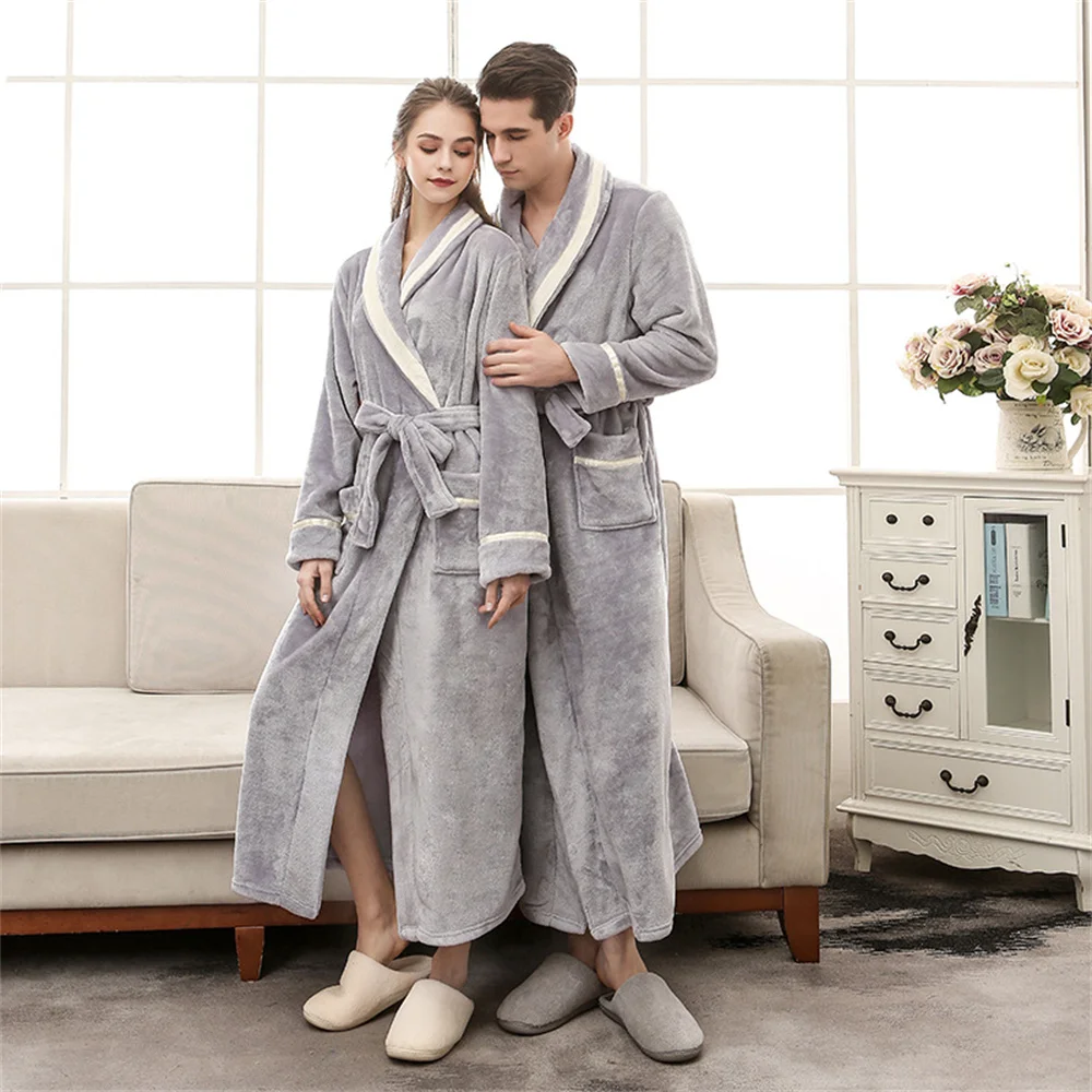 Lovers Couple Flannel Nightwear Winter Thicken Warm Soft Robe Gown Sleepwear Women Men Coral Kimono Bathrobe Gown