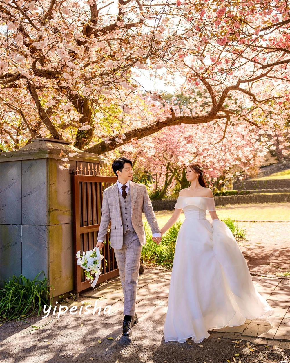 Exquisito vestido de fiesta de boda con hombros descubiertos, faldas hasta el suelo, Vestidos de Noche de Organza a juego de Corea de baile