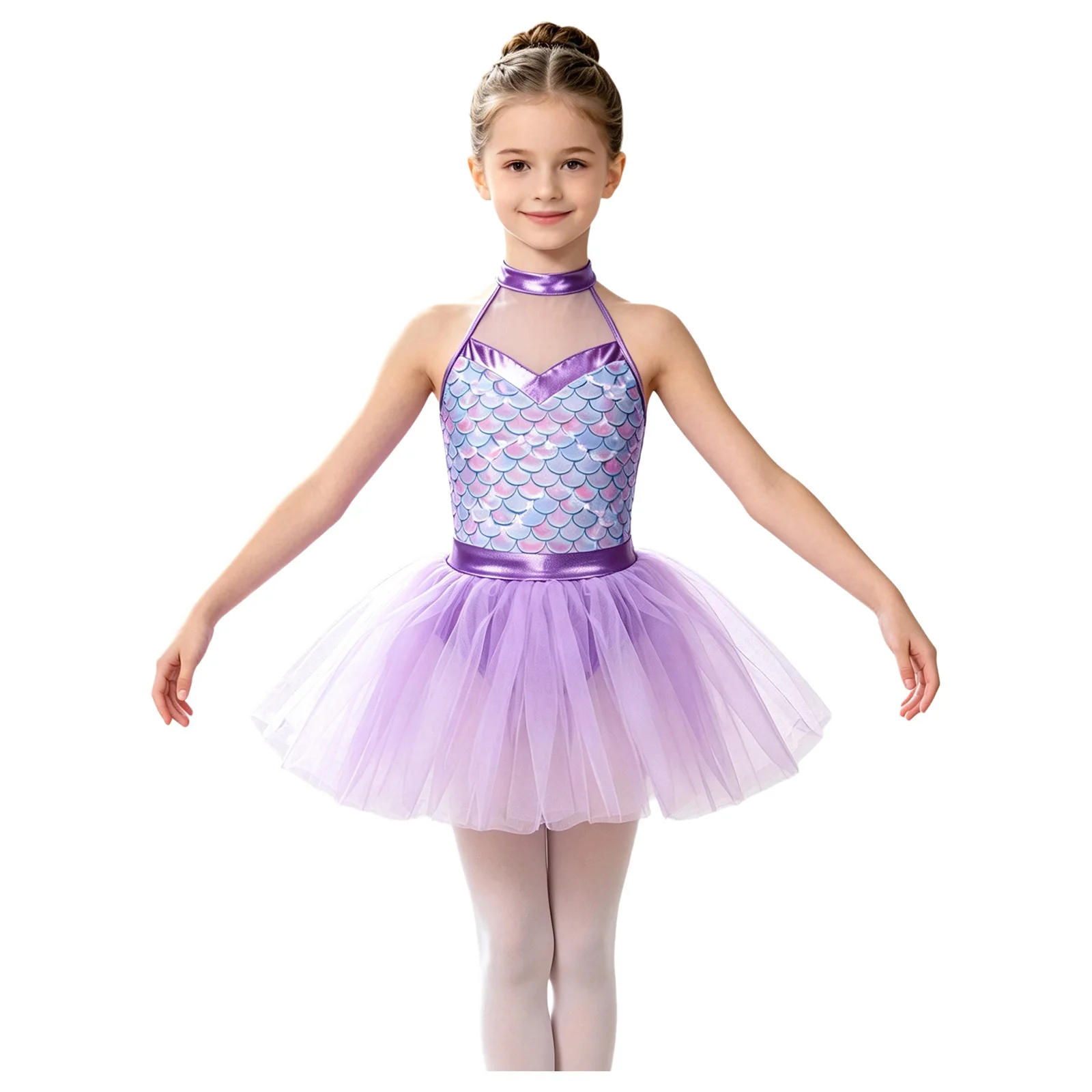 Kids Girls Mermaid Scale Ballet Tutu Dress Kids Halter Neck Metallic Trim Performance Costume Carnival Party Fancy Dress Outfit