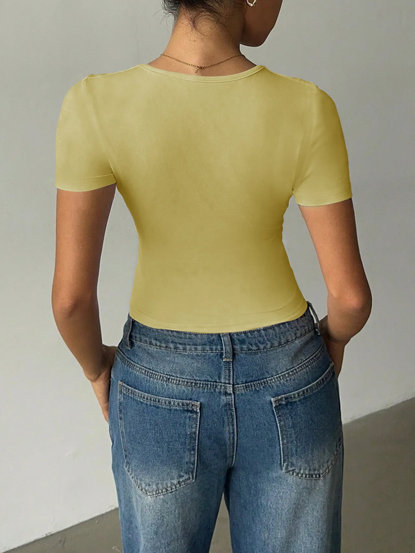 Spicy Girl Style V-neck Solid Color Vest T-shirt for Women  Autumn/winter 2025