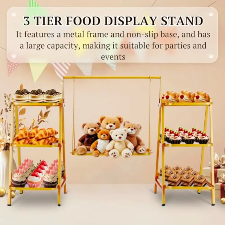 Metal 3 Tier Cupcake Stand for Parties, Gold-Finished Steel, Elegant Swing Design with Non-Slip Trays, Sturdy and Stylish