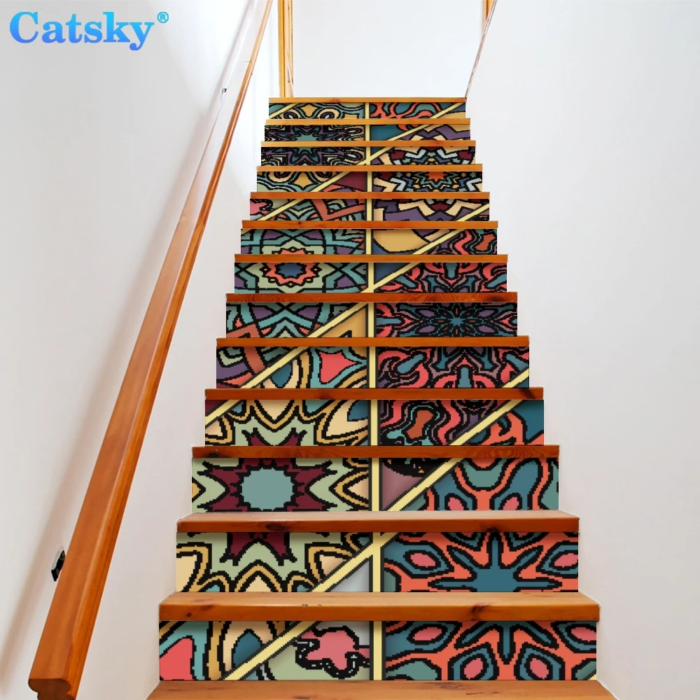 

Ethnic Style Printstyle,Mandala,6pcs 13pcs/Set Stair Floor Stickers Waterproof Removable Self Adhesive Diy Stairway Decals