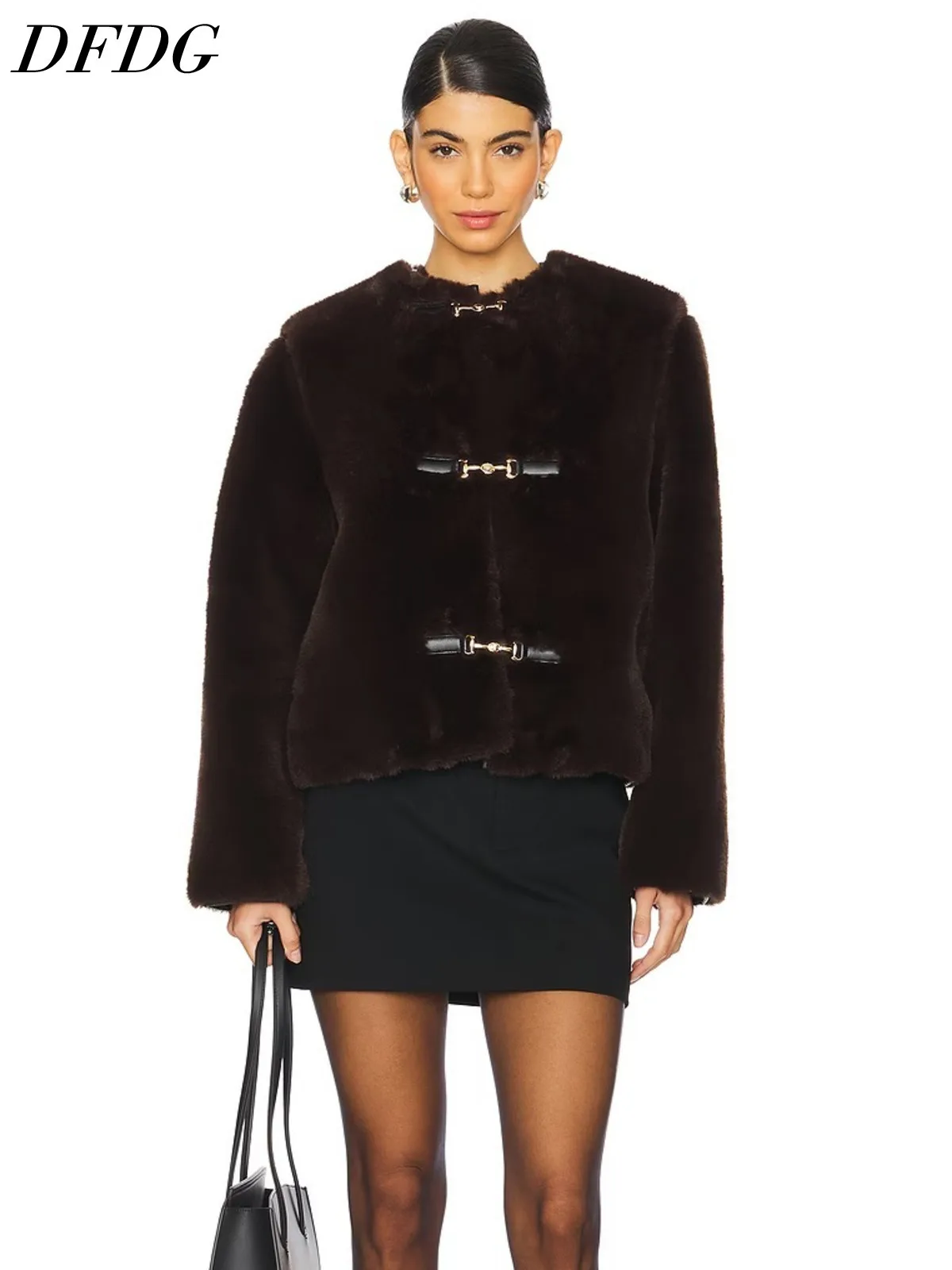 DFDG Women 2026 Cropped Faux Fur Jacket Round Collar Metal Buckle Decor Fluffy Warm Luxury Winter Outerwear Elegant Women Coat
