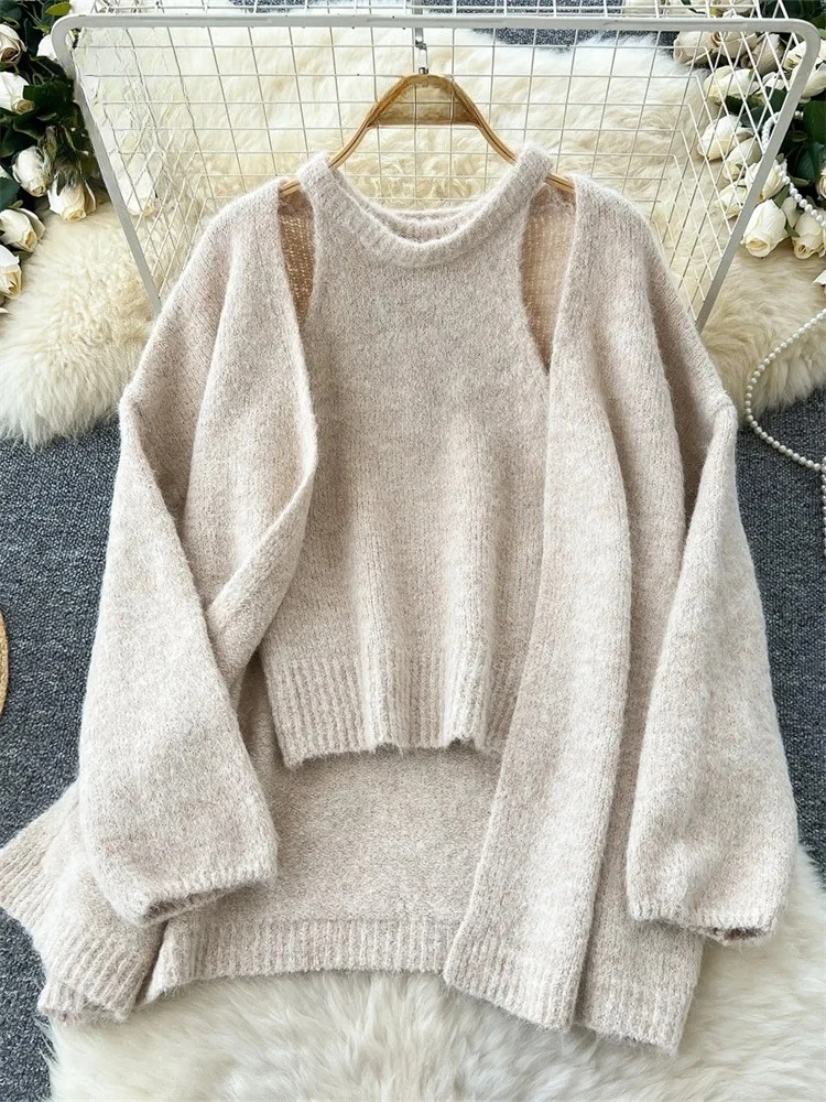 2025 maglione di cashmere solido di nuova moda maniche lunghe cardigan caldo allentato + canotta in maglia senza maniche top casual delicato invernale