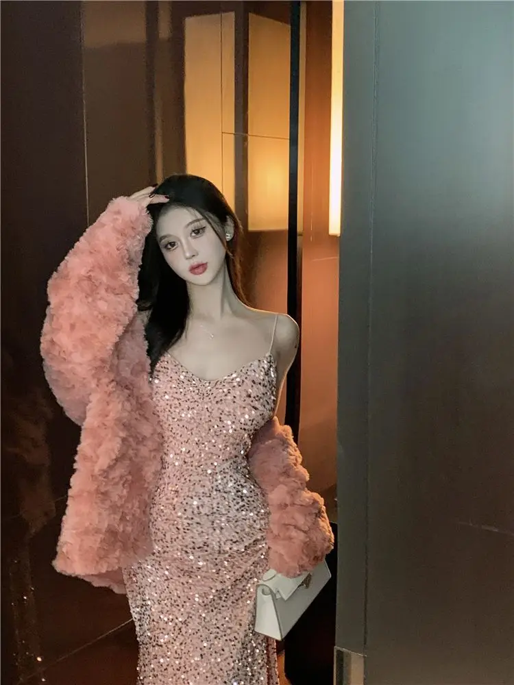 Pure Desire Wind Sequin Sparkling Dress Bursts with High-end Feeling Suspenders Wrap Buttocks Fishtail Skirt Dress Dresses