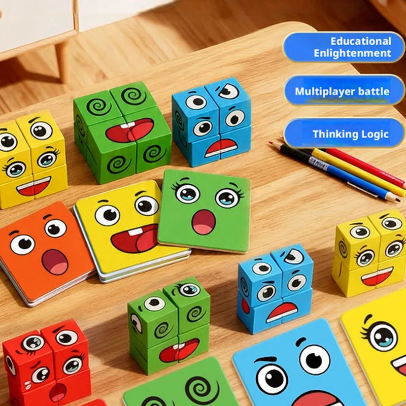 2026Kids Face Change Expression Puzzle Building Blocks Montessori Cube Table Game Toy Wooden Educational Toys for Children