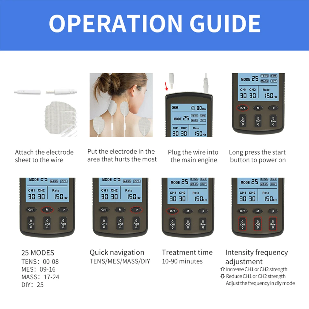 TENS EMS Pulse Electric Muscle Stimulator 25 Modes Back Neck Body Massager Acupuncture Meridian Physiotherapy Digital Massages