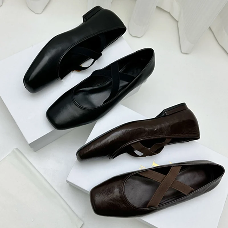 

Maxdutti French Minimalist Genuine Leather Women's Shoes With Cross Elastic Band Flat Sole Ballet Shoes Loafers Retro Mary Jane