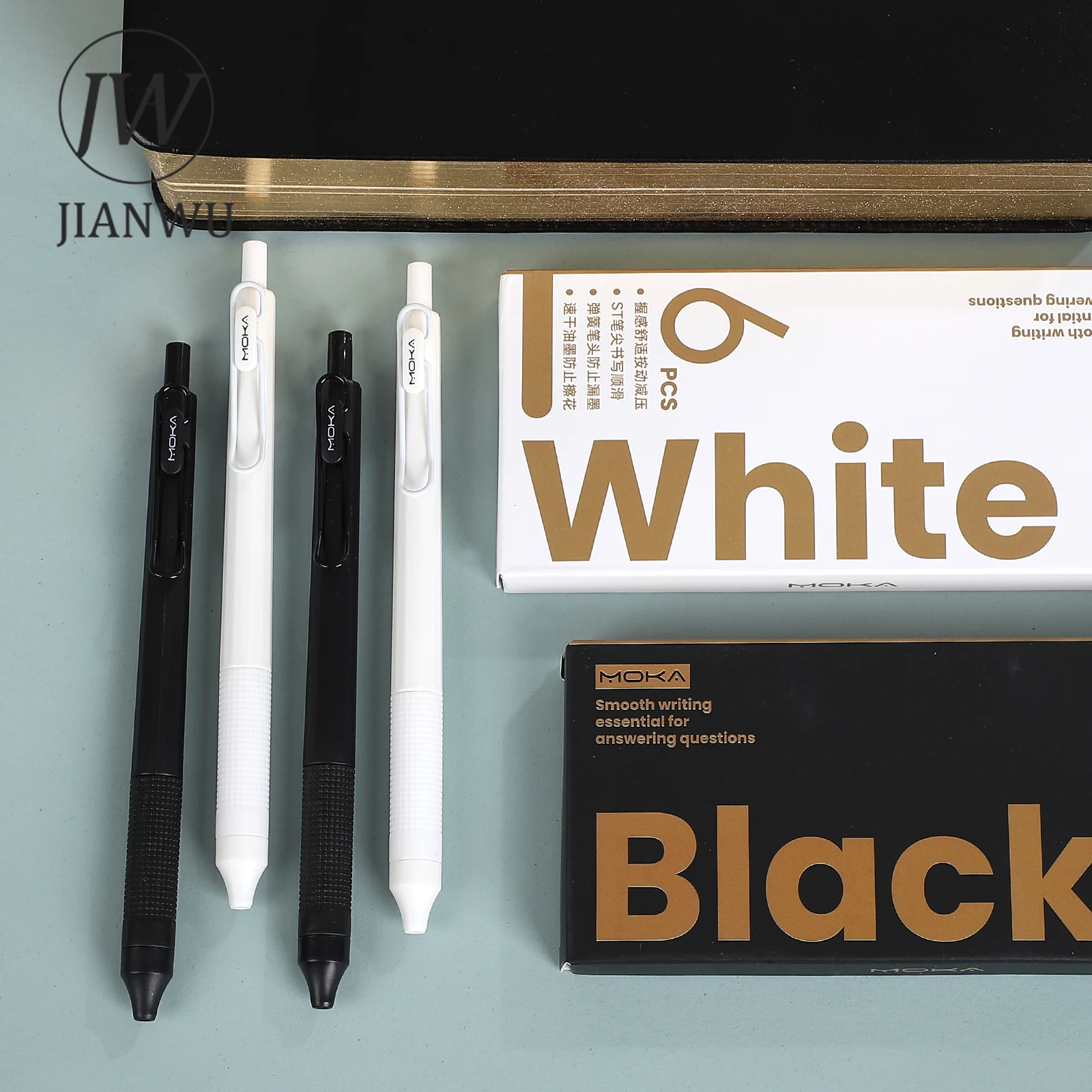 JIANWU 6 Pcs/set Black White Press Gel Pen Set 0.5mm Black Write Smoothly Creative DIY Journal Student Supplies Stationery